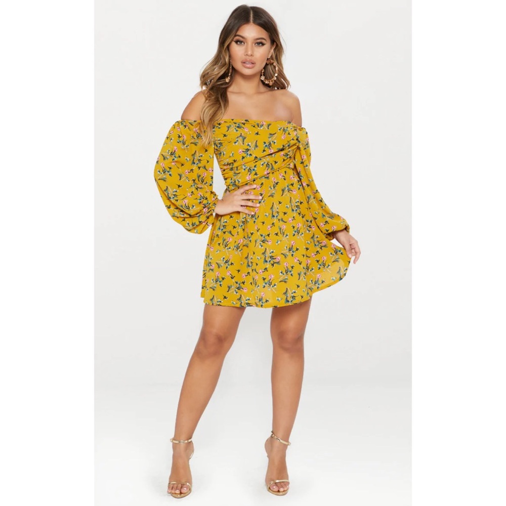 PrettyLittleThing mustard floral swing dress - Picture 5 of 5